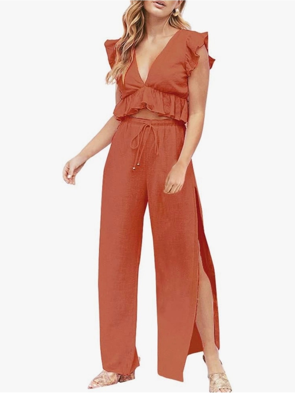 NWT Fancyinn Orange Ruffle V-Neck Crop Top & Side Slit Wide Leg Pants Set Sz L